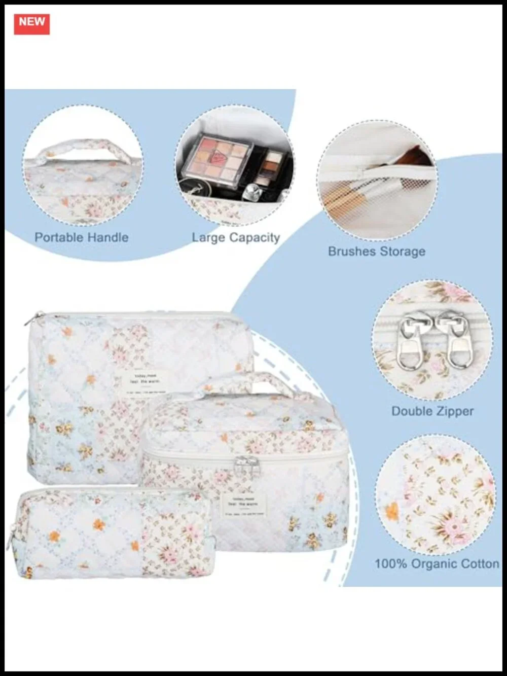 Quilted Floral Cotton Makeup Bag Set - 3 Piece Travel Cosmetic Organizer